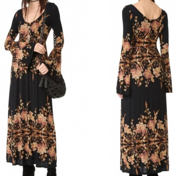 Free People Boho Midnight Garden Black Blush Floral Maxi Dress XS - Picture 7 of 11